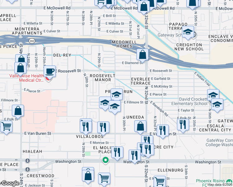 map of restaurants, bars, coffee shops, grocery stores, and more near 625 North 30th Street in Phoenix