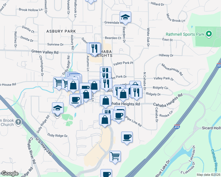 map of restaurants, bars, coffee shops, grocery stores, and more near 3208 Ridgely Drive in Vestavia Hills