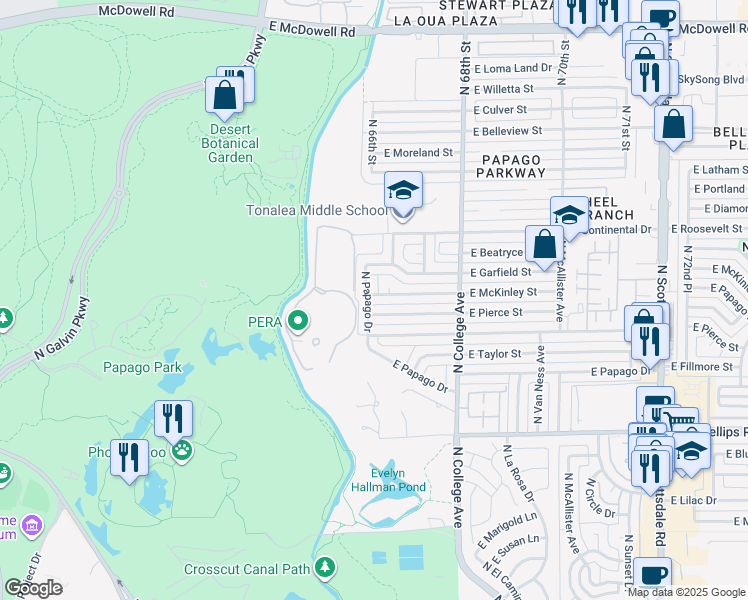 map of restaurants, bars, coffee shops, grocery stores, and more near 15 East McKinley Street in Tempe