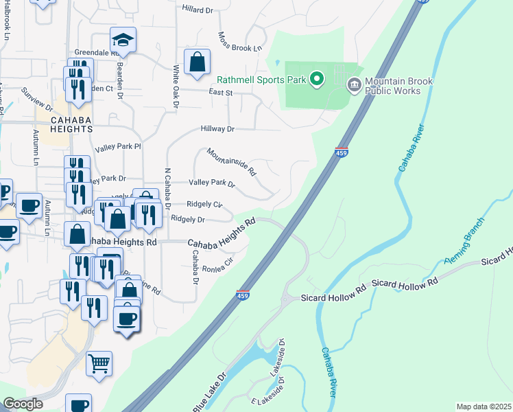 map of restaurants, bars, coffee shops, grocery stores, and more near 3373 Valley Park Drive in Vestavia Hills