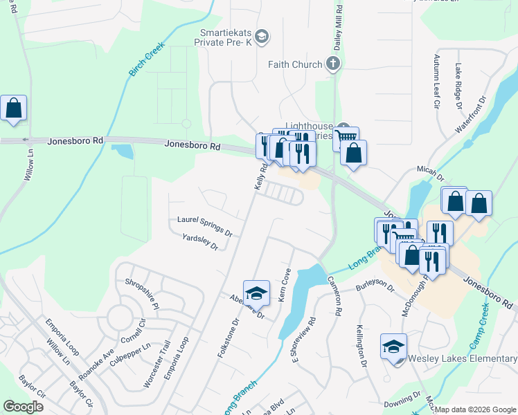 map of restaurants, bars, coffee shops, grocery stores, and more near 99 Kelly Road in McDonough