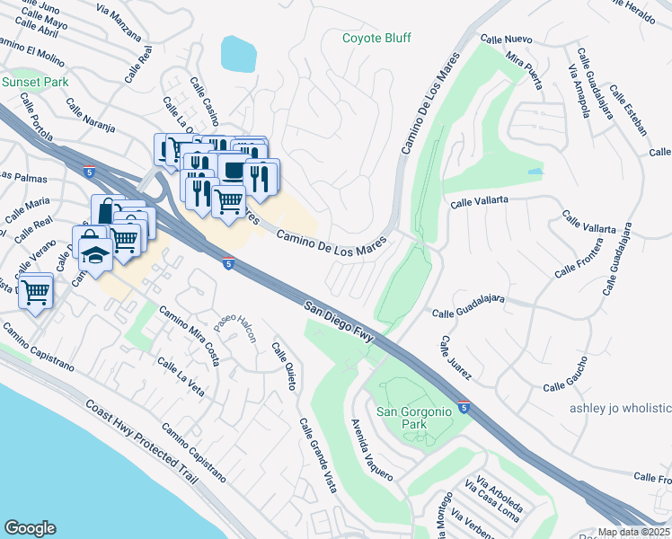 map of restaurants, bars, coffee shops, grocery stores, and more near 609 Calle Canasta in San Clemente