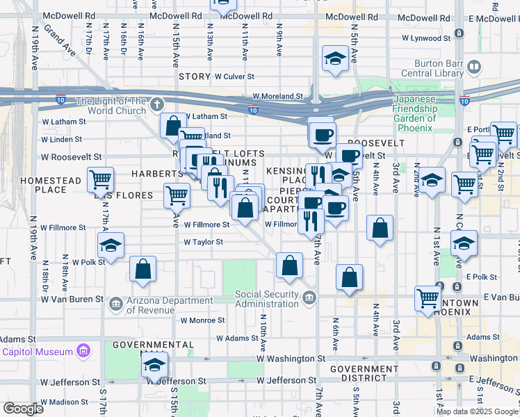 map of restaurants, bars, coffee shops, grocery stores, and more near 624 North 10th Avenue in Phoenix