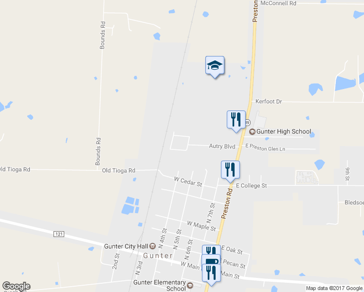 map of restaurants, bars, coffee shops, grocery stores, and more near 506 Harris Street in Gunter
