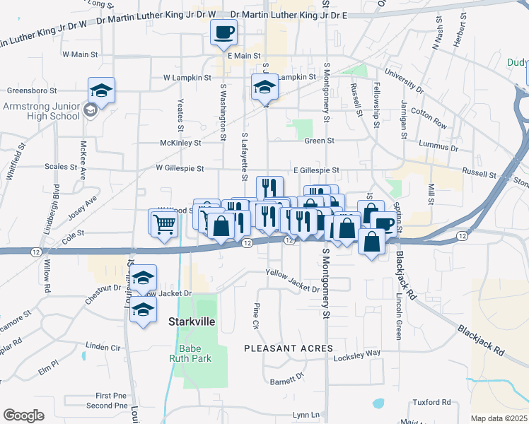 map of restaurants, bars, coffee shops, grocery stores, and more near 20 East Wood Street in Starkville