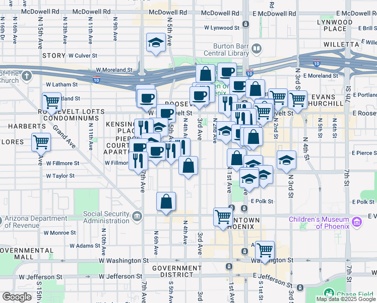 map of restaurants, bars, coffee shops, grocery stores, and more near 631 North 4th Avenue in Phoenix