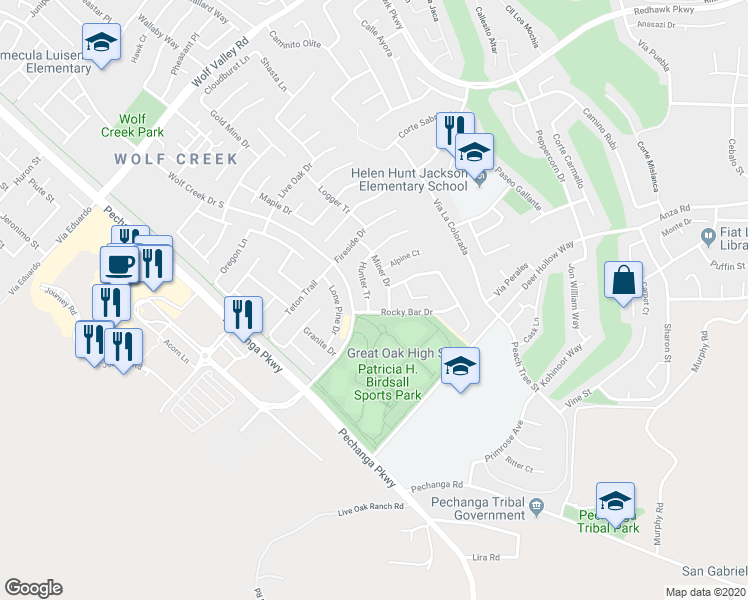 map of restaurants, bars, coffee shops, grocery stores, and more near 46354 Hunter Trail in Temecula
