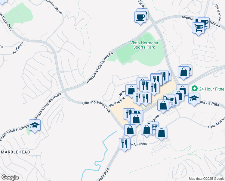 map of restaurants, bars, coffee shops, grocery stores, and more near 34 Via Palacio in San Clemente