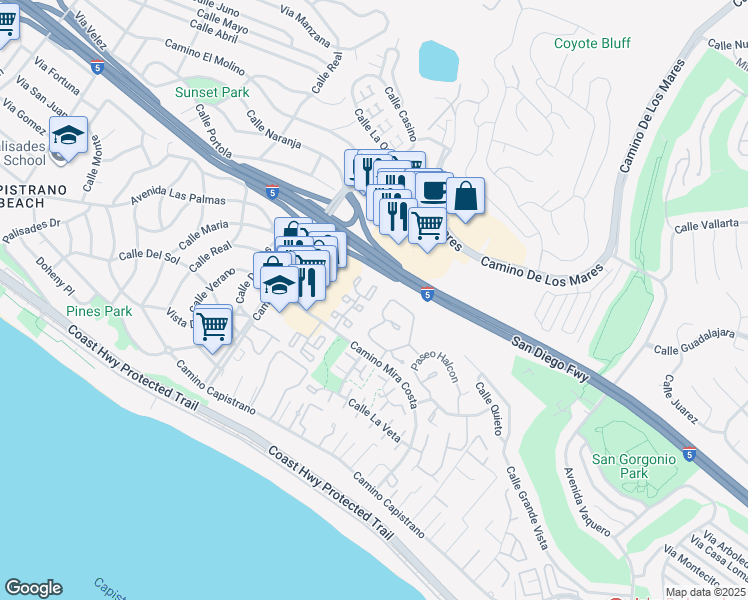 map of restaurants, bars, coffee shops, grocery stores, and more near 460 Plaza Estival in San Clemente
