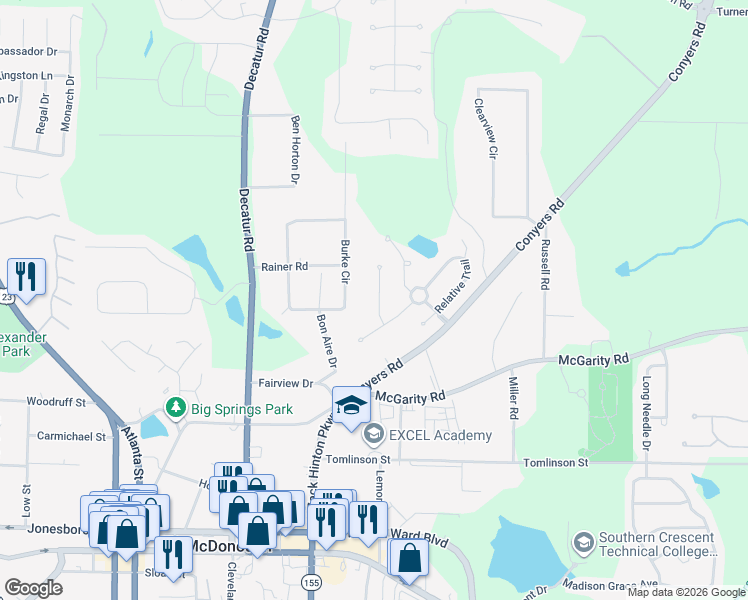 map of restaurants, bars, coffee shops, grocery stores, and more near 617 O'Brians Path in McDonough
