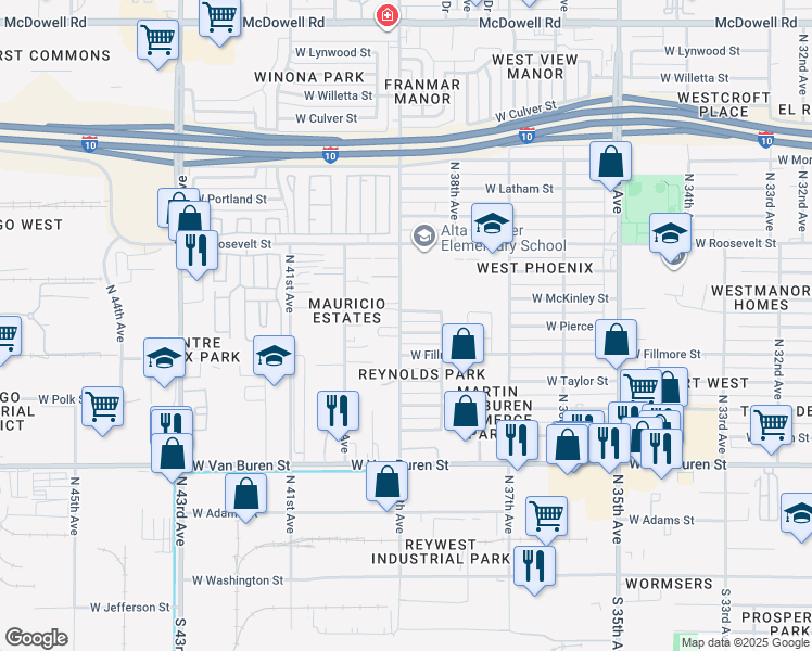 map of restaurants, bars, coffee shops, grocery stores, and more near 3834 West Pierce Street in Phoenix