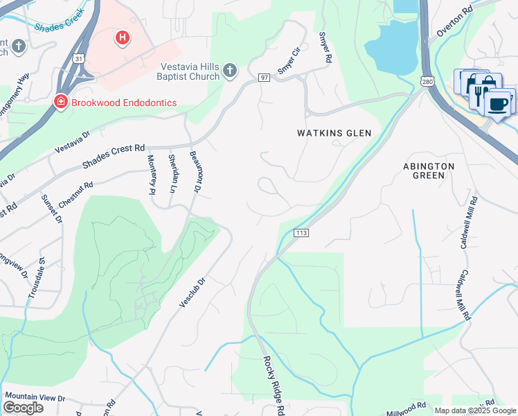 map of restaurants, bars, coffee shops, grocery stores, and more near 1964 Rocky Brook Drive in Vestavia Hills