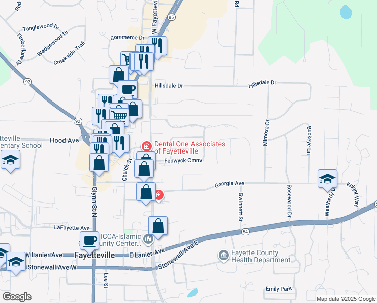 map of restaurants, bars, coffee shops, grocery stores, and more near 155 Hunters Walk in Fayetteville