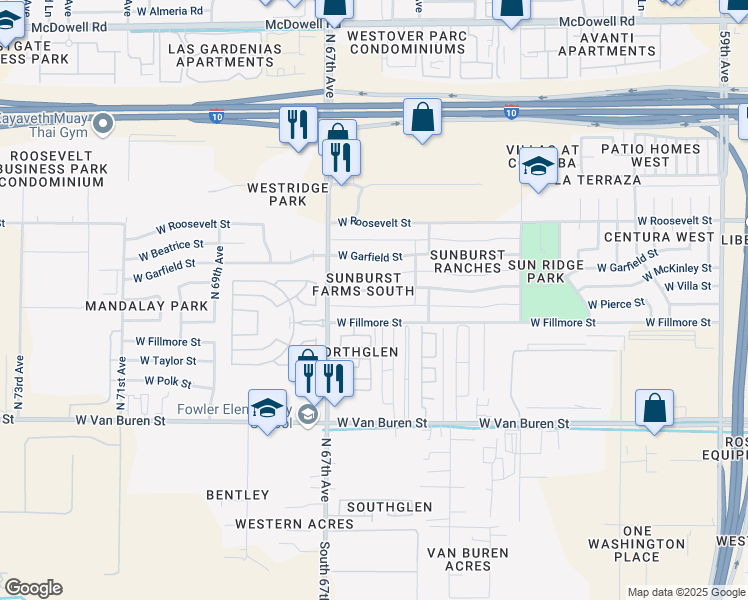 map of restaurants, bars, coffee shops, grocery stores, and more near 6601 West McKinley Street in Phoenix