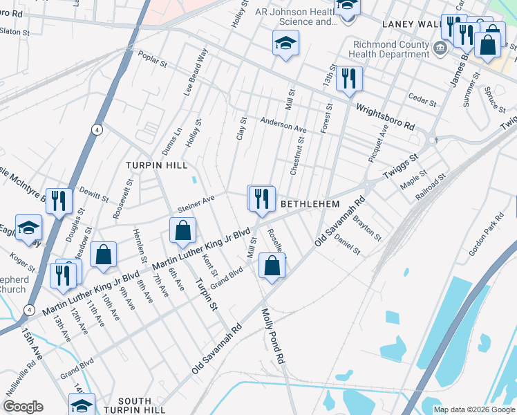 map of restaurants, bars, coffee shops, grocery stores, and more near 1727 Mill Street in Augusta