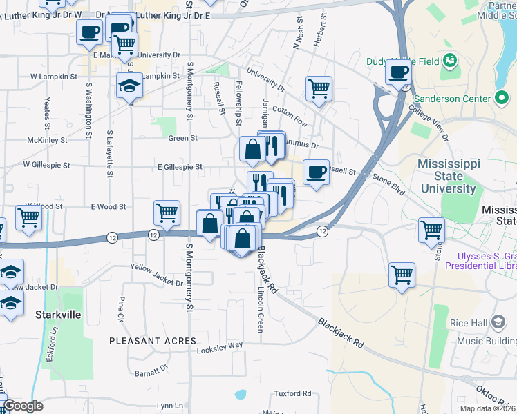 map of restaurants, bars, coffee shops, grocery stores, and more near 700 Spring Street in Starkville