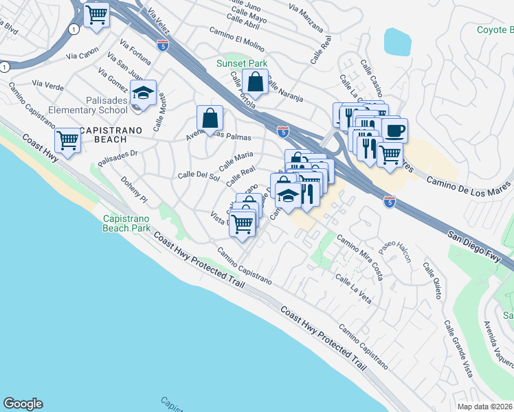 map of restaurants, bars, coffee shops, grocery stores, and more near 26925 Calle Dolores in Dana Point