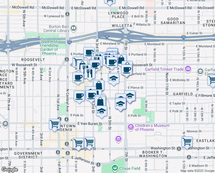 map of restaurants, bars, coffee shops, grocery stores, and more near 712 North 5th Street in Phoenix