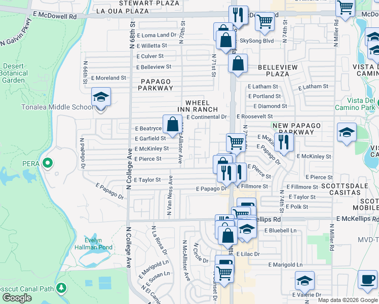 map of restaurants, bars, coffee shops, grocery stores, and more near 2530 North Champlain Avenue in Tempe