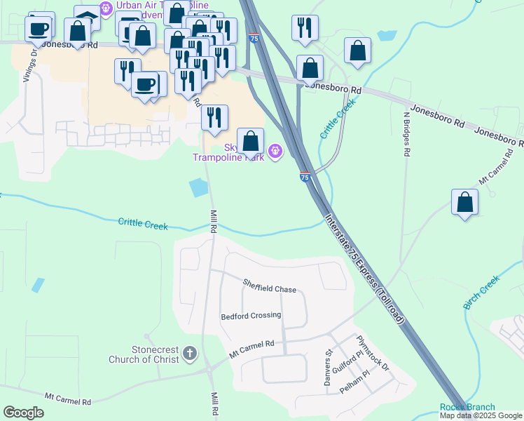 map of restaurants, bars, coffee shops, grocery stores, and more near 243 Mill Road in McDonough