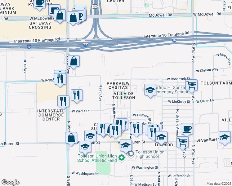 map of restaurants, bars, coffee shops, grocery stores, and more near 808 North 95th Drive in Tolleson