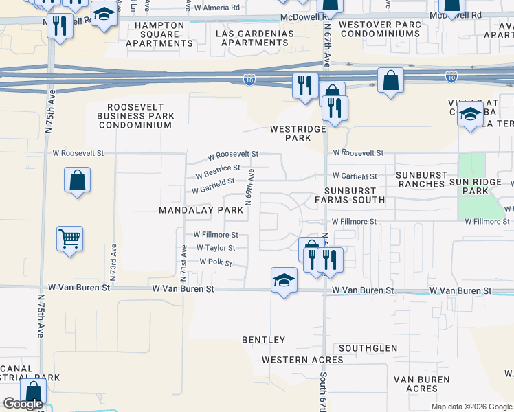 map of restaurants, bars, coffee shops, grocery stores, and more near 630 North 68th Lane in Phoenix