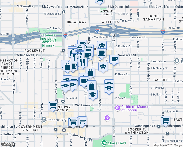 map of restaurants, bars, coffee shops, grocery stores, and more near 713 North 3rd Street in Phoenix