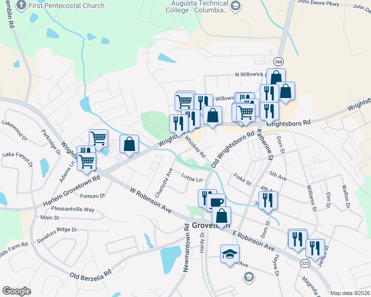 map of restaurants, bars, coffee shops, grocery stores, and more near 129 Charlotte Avenue in Grovetown
