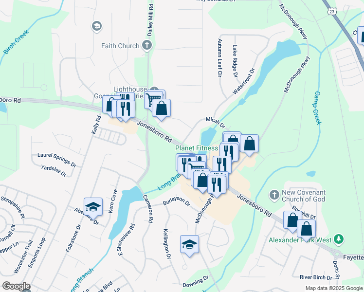 map of restaurants, bars, coffee shops, grocery stores, and more near 384 Jonesboro Road in McDonough