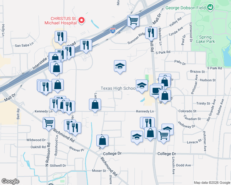 map of restaurants, bars, coffee shops, grocery stores, and more near 11 Lambeth Circle in Texarkana