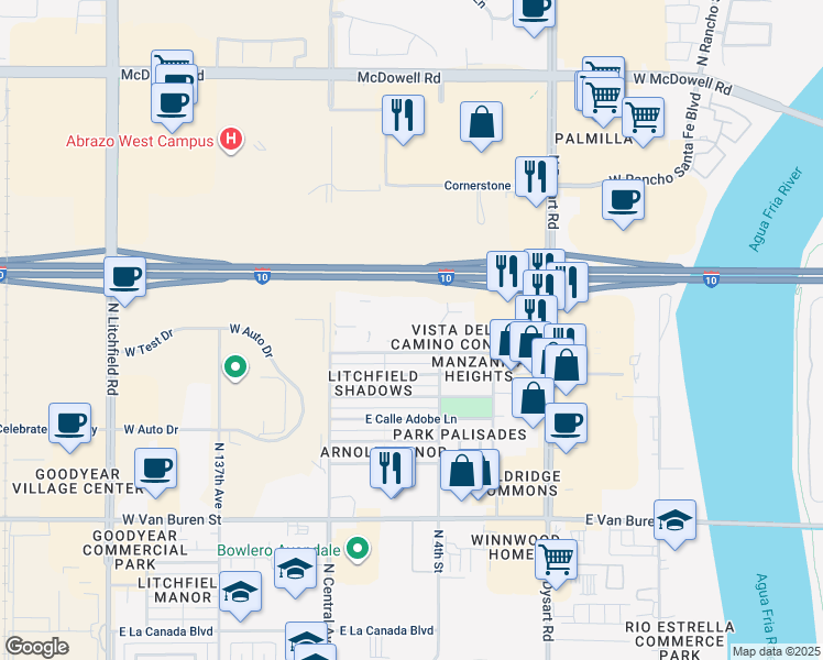 map of restaurants, bars, coffee shops, grocery stores, and more near 1737 North Central Avenue in Goodyear