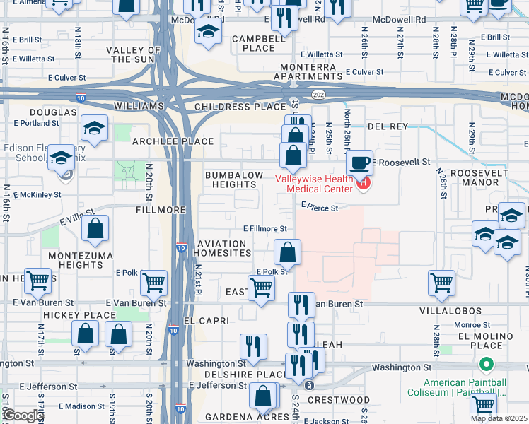 map of restaurants, bars, coffee shops, grocery stores, and more near 2308 East Fillmore Street in Phoenix