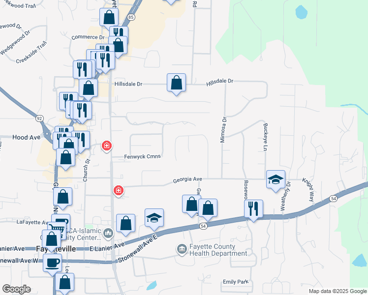 map of restaurants, bars, coffee shops, grocery stores, and more near 105 Pine Street in Fayetteville