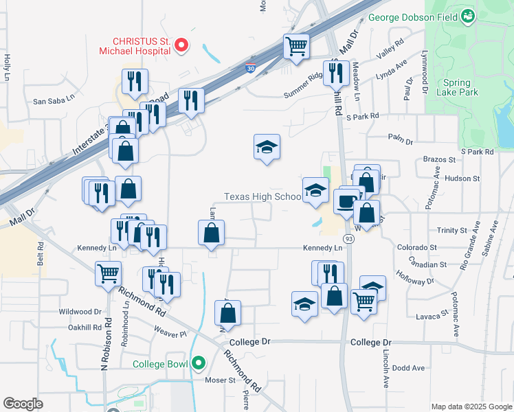 map of restaurants, bars, coffee shops, grocery stores, and more near 11 Lambeth Circle in Texarkana
