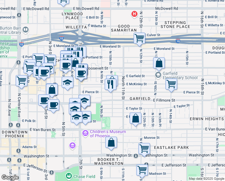 map of restaurants, bars, coffee shops, grocery stores, and more near 1004 North 10th Street in Phoenix