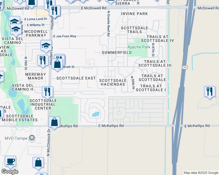map of restaurants, bars, coffee shops, grocery stores, and more near 885 North Granite Reef Road in Scottsdale