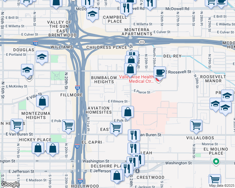 map of restaurants, bars, coffee shops, grocery stores, and more near 2308 East Fillmore Street in Phoenix