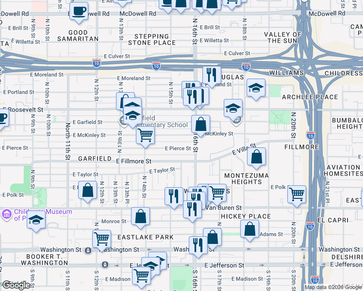 map of restaurants, bars, coffee shops, grocery stores, and more near 1534 East Pierce Street in Phoenix