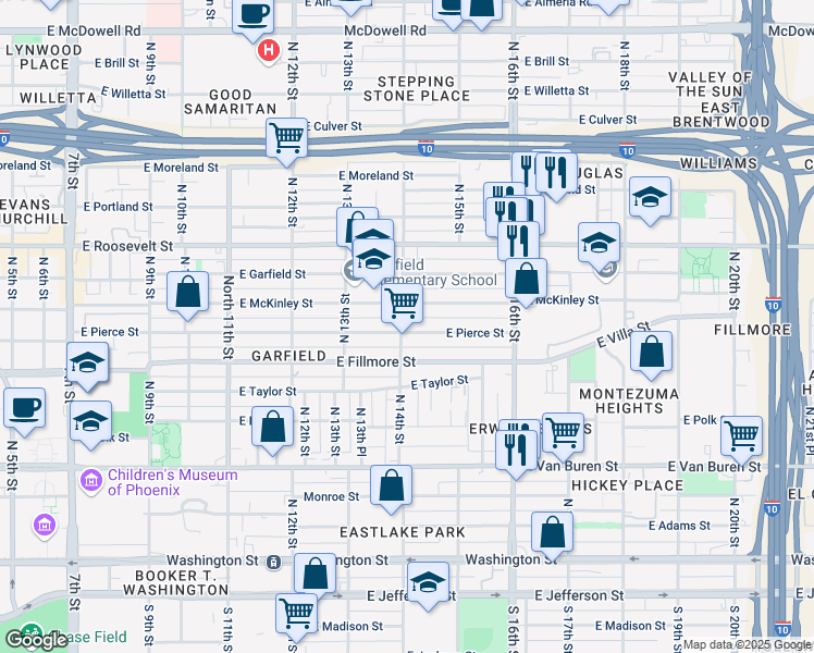 map of restaurants, bars, coffee shops, grocery stores, and more near 1412 East Pierce Street in Phoenix
