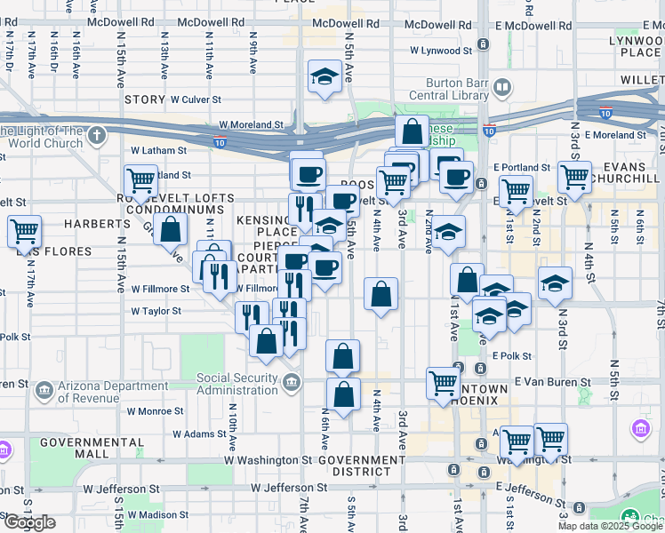 map of restaurants, bars, coffee shops, grocery stores, and more near 634 North 6th Avenue in Phoenix
