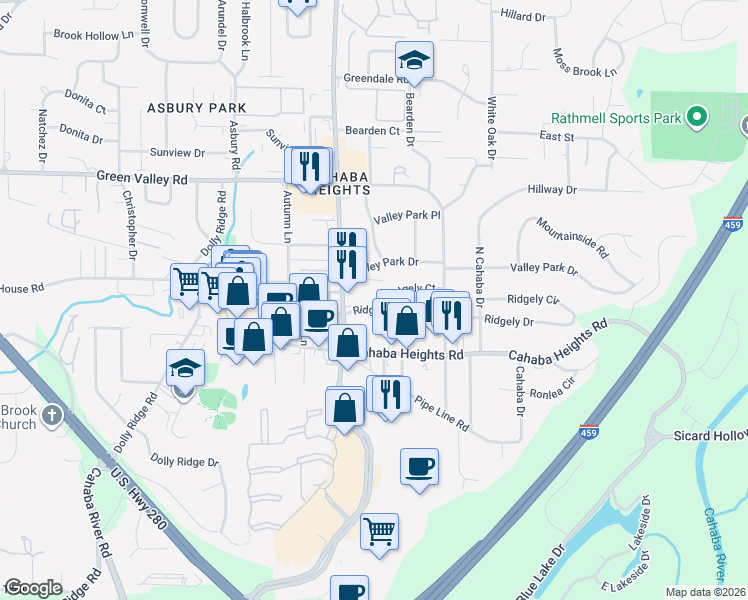 map of restaurants, bars, coffee shops, grocery stores, and more near 3208 Ridgely Drive in Vestavia Hills