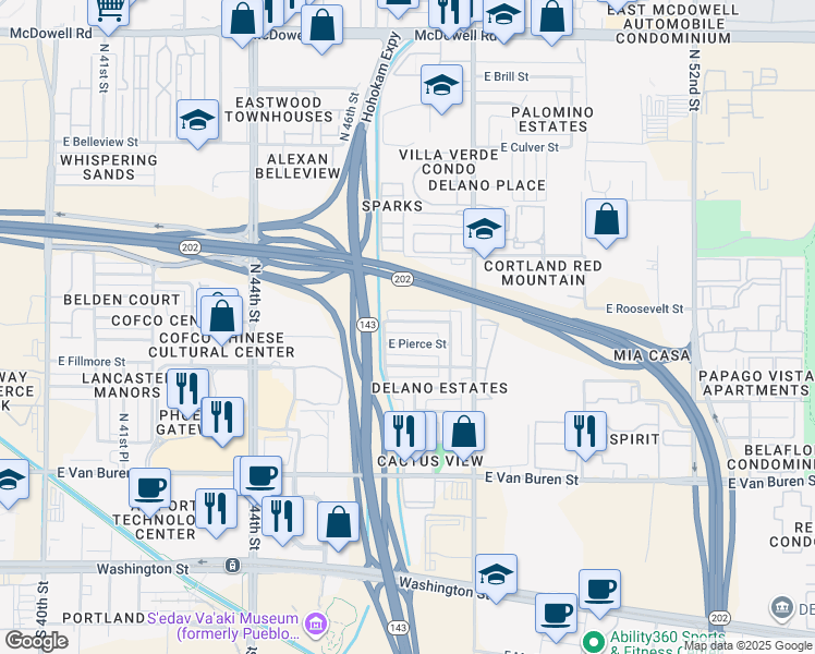 map of restaurants, bars, coffee shops, grocery stores, and more near 4629 East McKinley Street in Phoenix