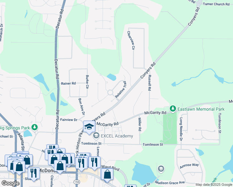 map of restaurants, bars, coffee shops, grocery stores, and more near 305 Relative Trail in McDonough