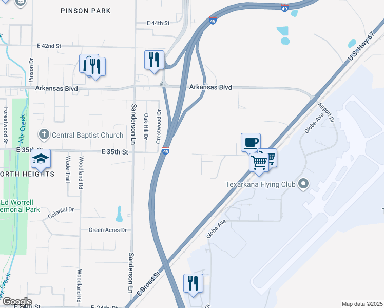 map of restaurants, bars, coffee shops, grocery stores, and more near 3413 East 35th Street in Texarkana
