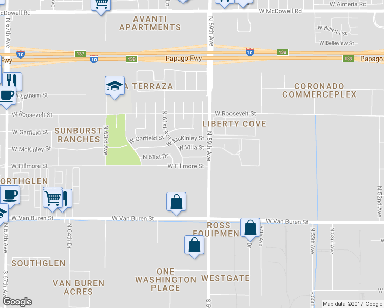 map of restaurants, bars, coffee shops, grocery stores, and more near 6002 West Pierce Street in Phoenix