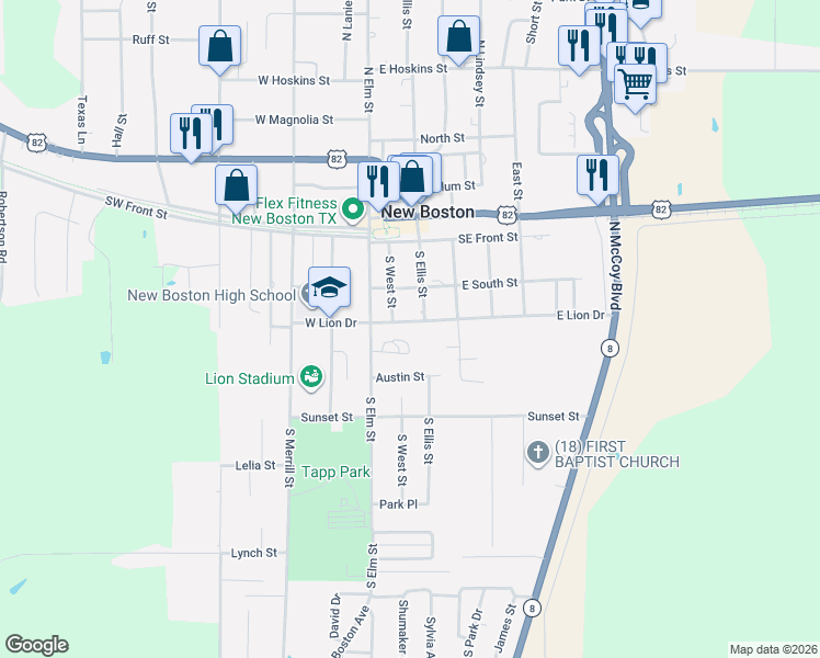 map of restaurants, bars, coffee shops, grocery stores, and more near 108 East Lion Drive in New Boston