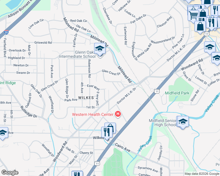 map of restaurants, bars, coffee shops, grocery stores, and more near 817 Woodward Road in Midfield