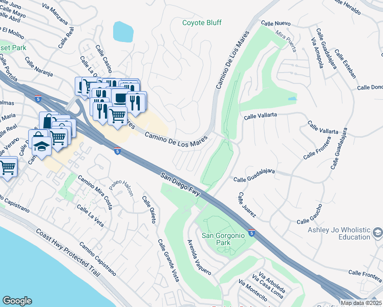 map of restaurants, bars, coffee shops, grocery stores, and more near 615 Calle Campana in San Clemente