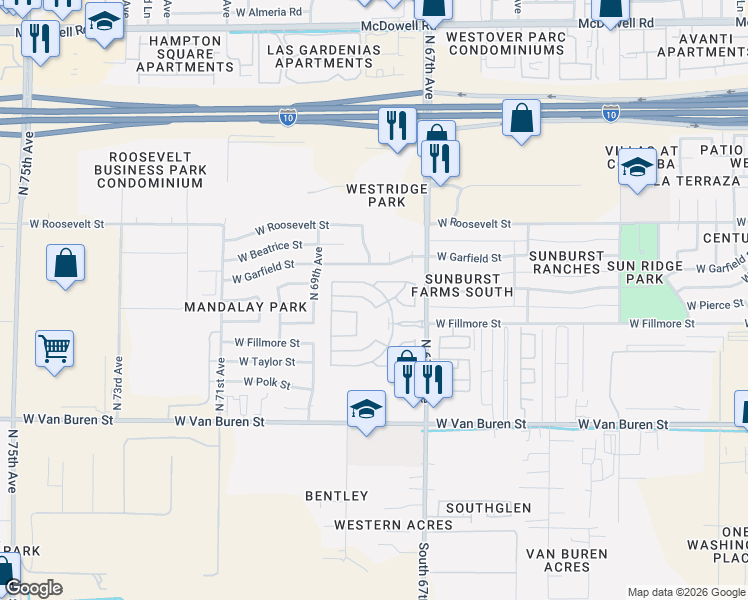 map of restaurants, bars, coffee shops, grocery stores, and more near 6840 West Villa Street in Phoenix
