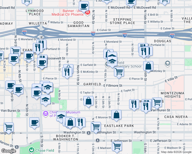 map of restaurants, bars, coffee shops, grocery stores, and more near 1210 East Pierce Street in Phoenix